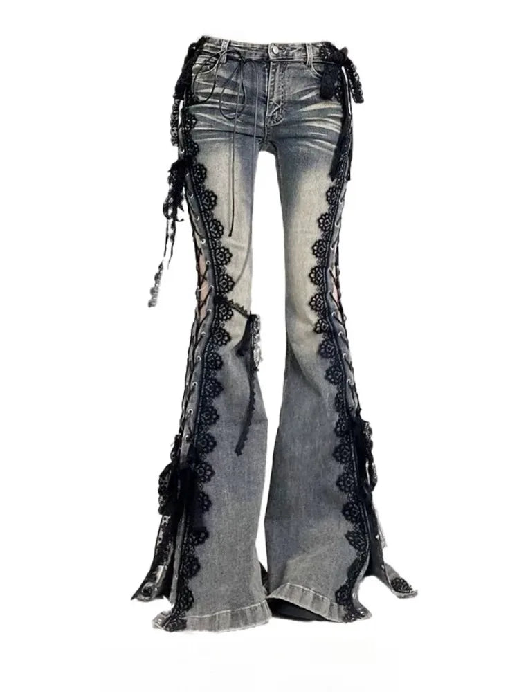 Kora Women's retro split bell bottoms with lace trim and ties