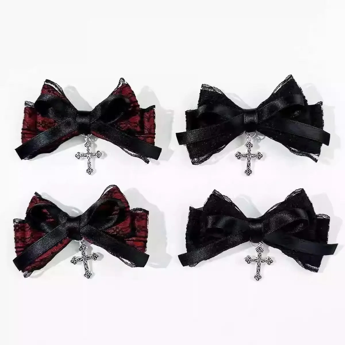 Nocturne Women's 4 Pc gothic cross hair bow clips