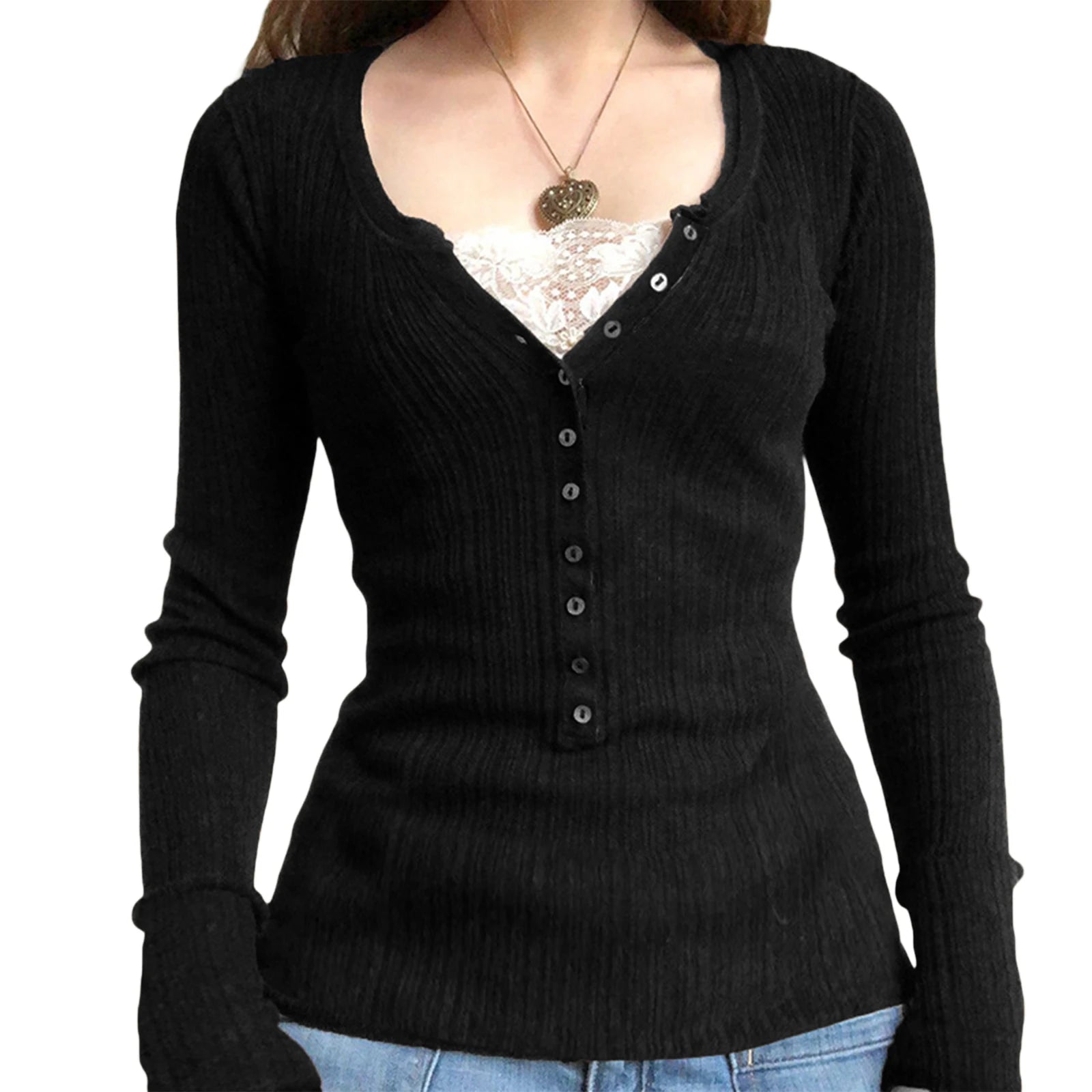 Lomi3 Women's Y2K button up long sleeve knit top with lace detailing