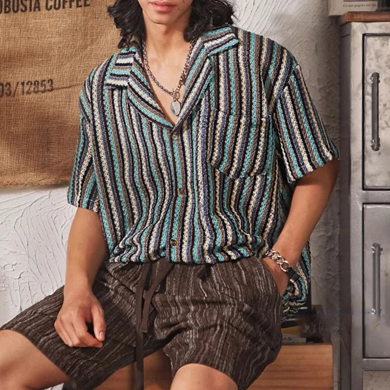 Arden Men's crochet multicolor striped button down shirt