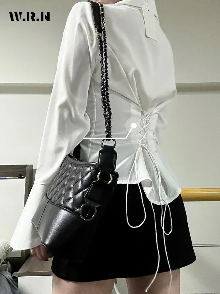 Sorelle Women's flare sleeve x corset back button down