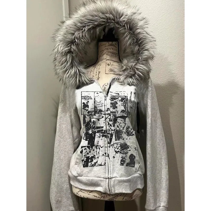 Lomi3 Women's Y2K grunge graphic hoodie with faux fur trim