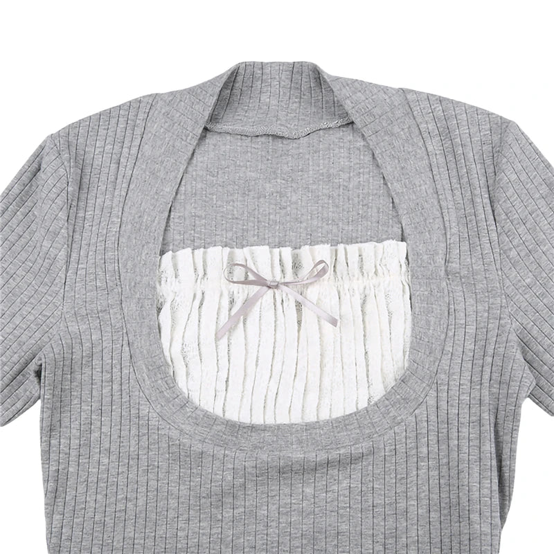 Lomi3 Women’s Y2K ribbed flare sleeve shirt with bow detailing