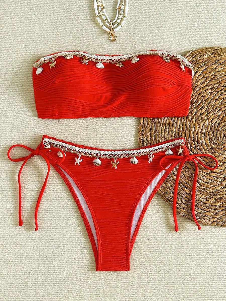 Sonlae Women's 2 Pc strapless wavy swimwear set with seashell trim