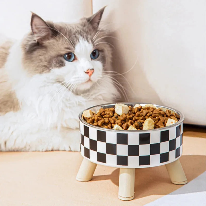 Nomu elevated steel checker pet bowl with wooden legs