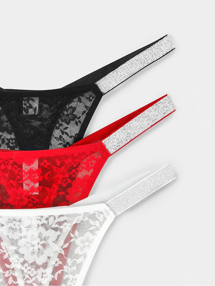 Sorelle Women's 3 Pc lace thong set with shimmery straps