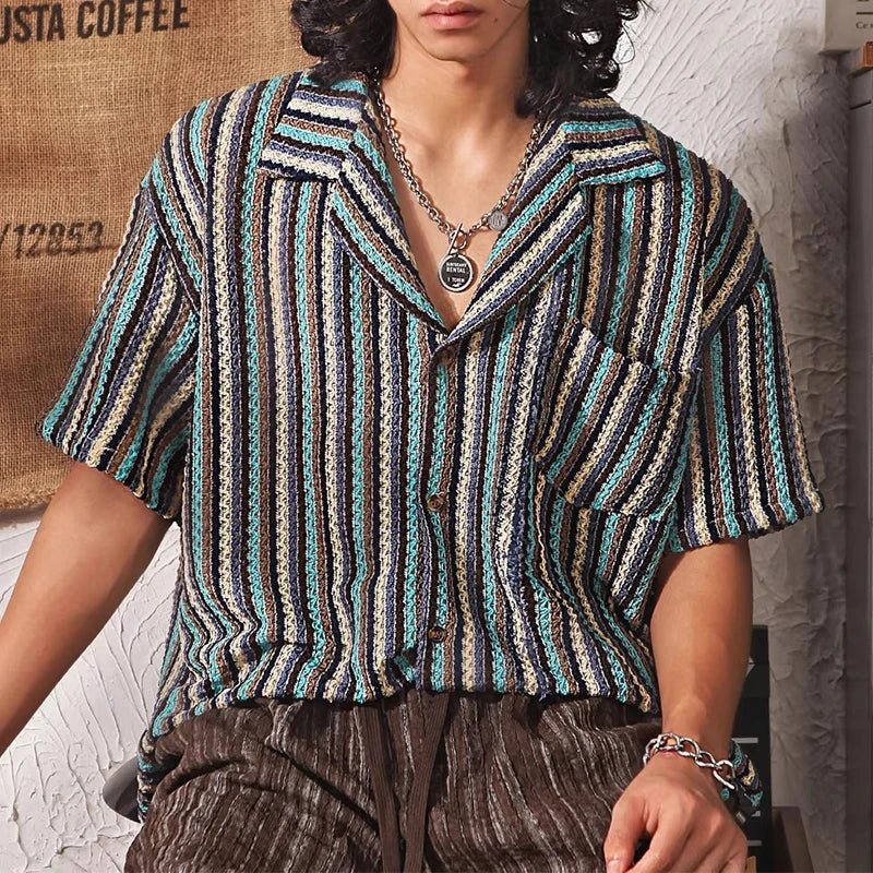 Arden Men's crochet multicolor striped button down shirt