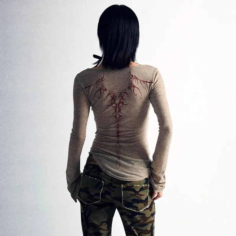 Lomi3 Women's grunge tattoo back flare long sleeve top