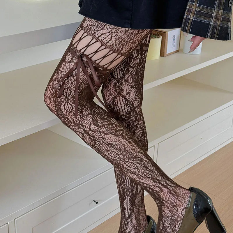 Lomi3 Women's hollow out lace x ribbon tights