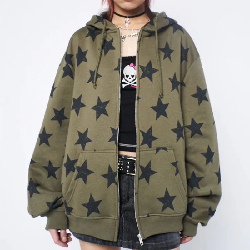 Lomi3 Women's Y2K retro star zip up hoodie