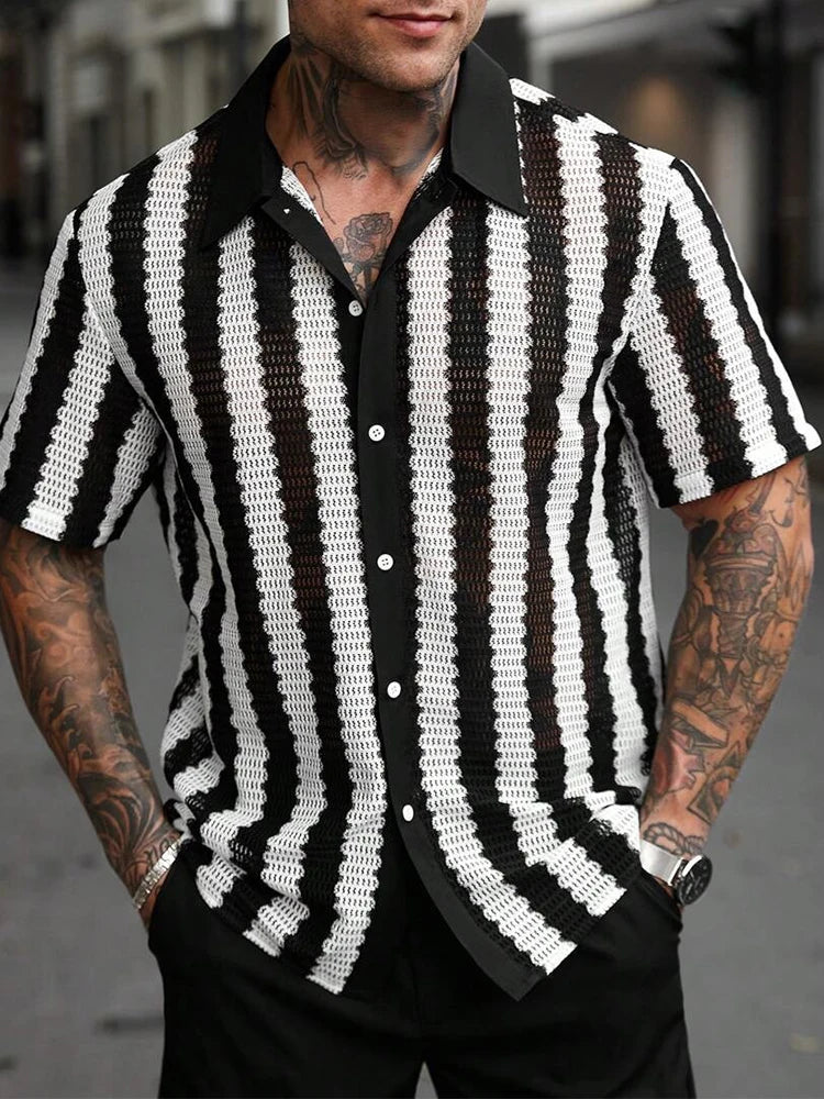 Arden Men's crochet striped button down shirt