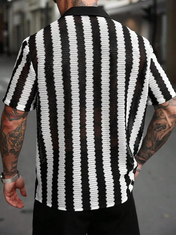 Arden Men's crochet striped button down shirt