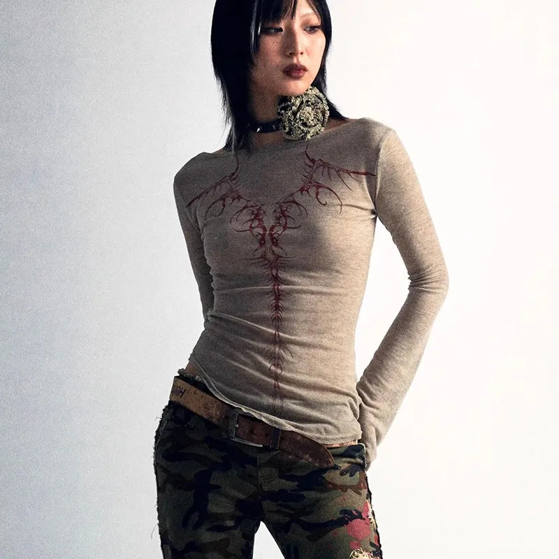 Lomi3 Women's grunge tattoo back flare long sleeve top