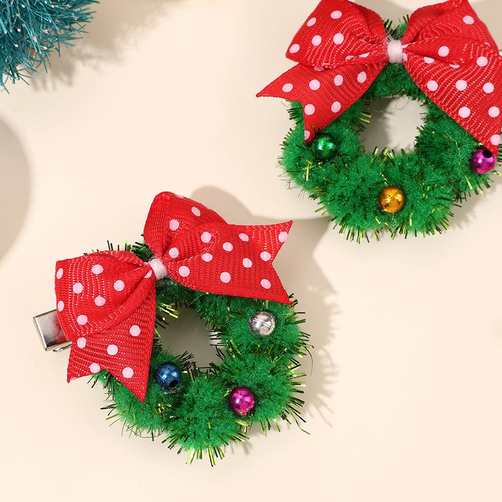 Hollyco Christmas Girl's 2 Pc wreath bow hair clips