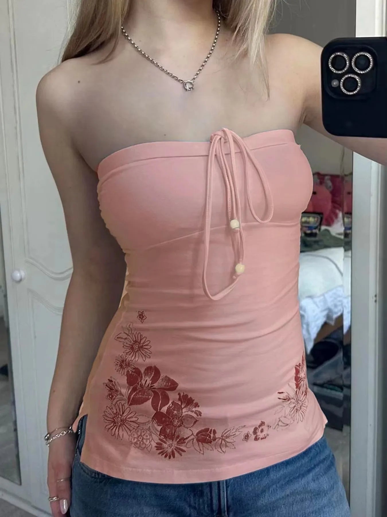 Lomi3 Women's Y2K summer tube top with flower trim