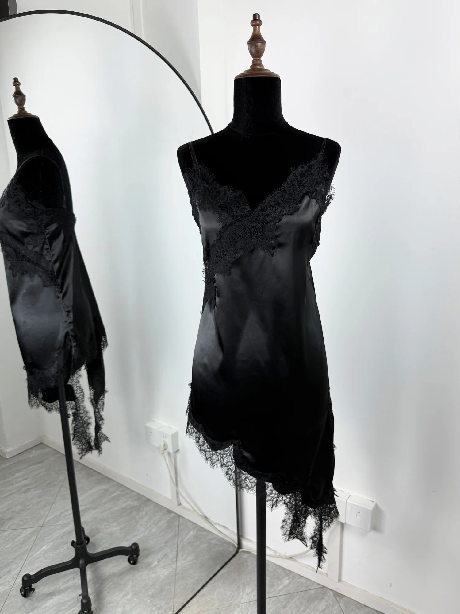 Sorelle Women's slanted satin night gown with lace trim