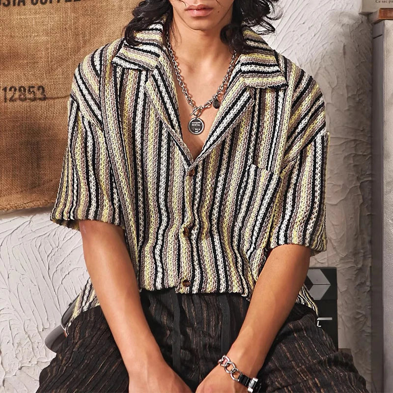 Arden Men's crochet multicolor striped button down shirt