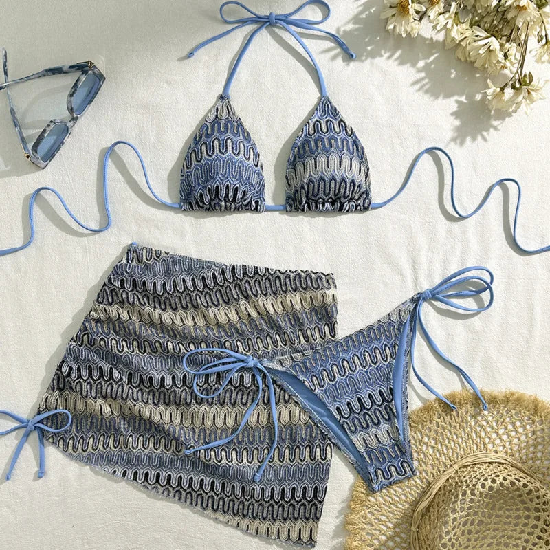 Sonlae Women's 3 Pc woven geometric swimwear set