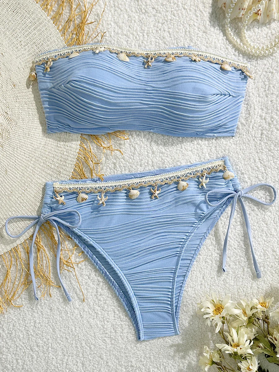 Sonlae Women's 2 Pc strapless wavy swimwear set with seashell trim