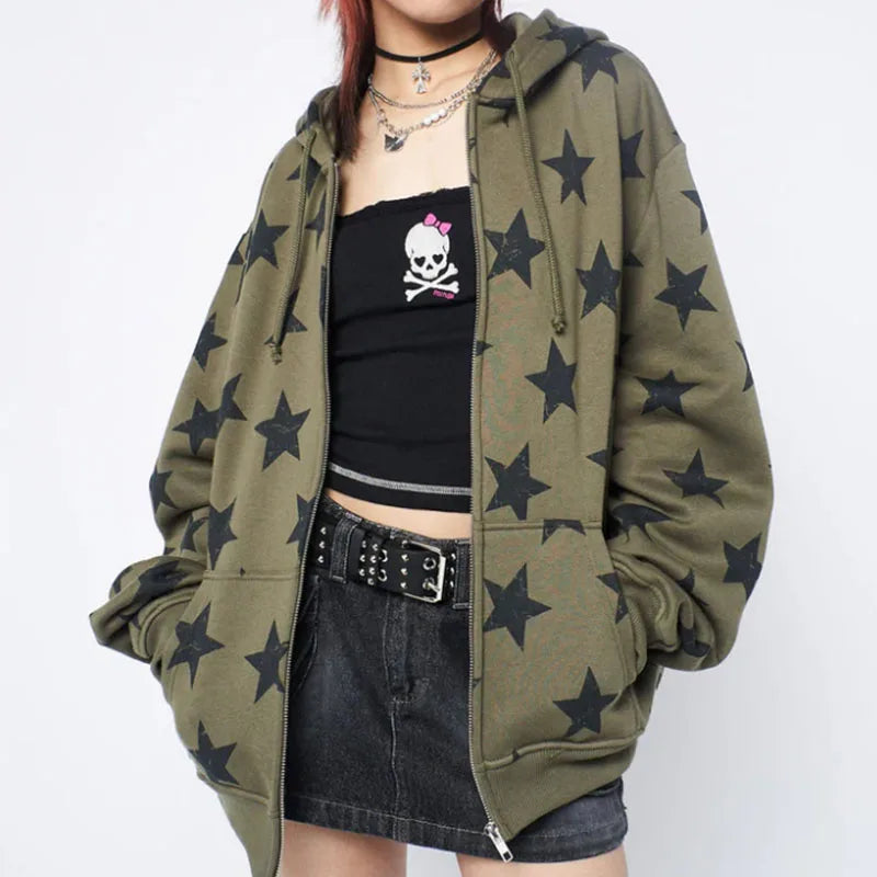 Lomi3 Women's Y2K retro star zip up hoodie